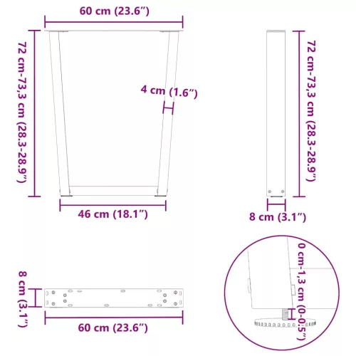  2 db fekete, V-alakú acél étkezőasztal láb 60 x (72-73,3) cm