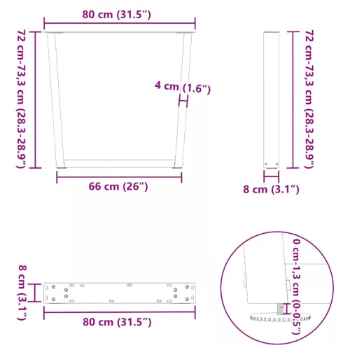  2 db fehér, V-alakú acél étkezőasztal láb 80 x (72-73,3) cm