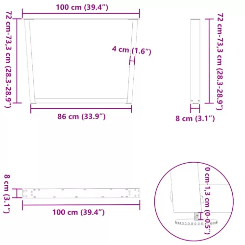  2 db fehér, V-alakú étkezőasztal láb 100 x (72-73,3) cm acél étkezőasztal láb