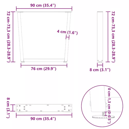  3 db fekete, V-alakú acél étkezőasztal láb 90 x (72-73,3) cm