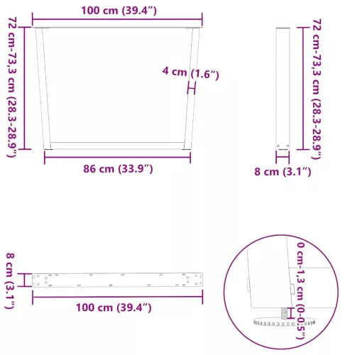  3 db antracitszürke étkezőasztal láb V-alakú 100 x (72-73,3) cm acél étkezőasztal láb