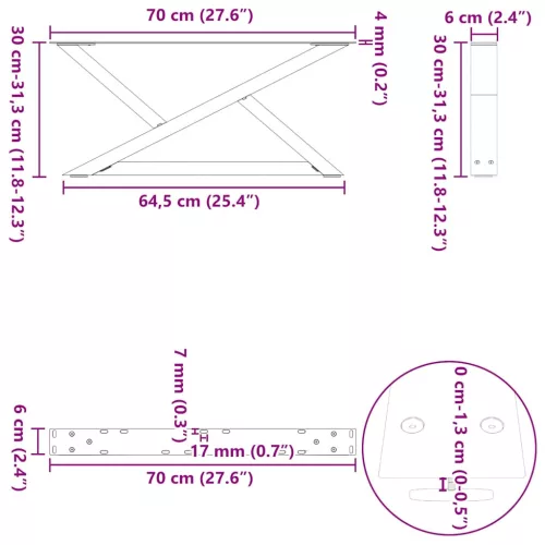  2 db fehér dohányzóasztal láb 70 x (30-31,3) cm acél dohányzóasztal láb