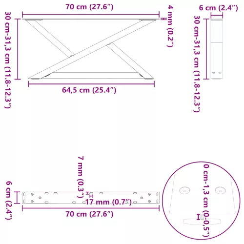  2 db natúr acél dohányzóasztal láb 70 x (30-31,3) cm acél