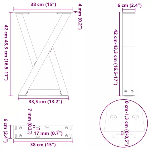  2 db fekete acél dohányzóasztal láb 38 x (42-43,3) cm