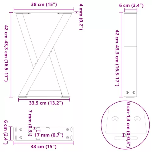  2 db antracitszürke acél dohányzóasztal láb 38x(42-43,3) cm
