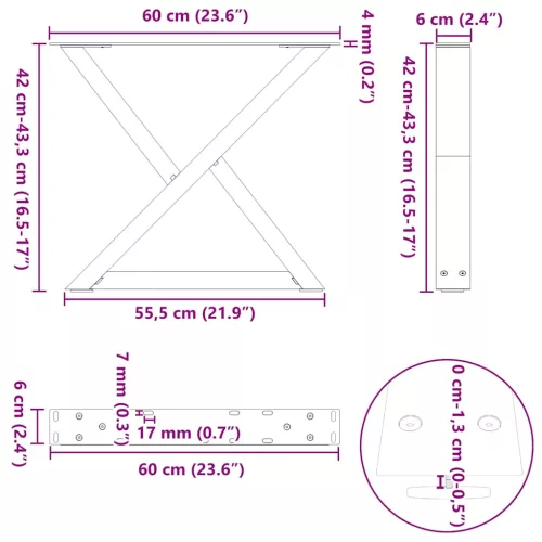  2 db antracitszürke acél dohányzóasztal láb 60 x (42-43,3) cm