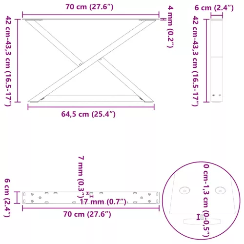  2 db fehér dohányzóasztal láb 70 x (42-43,3) cm acél dohányzóasztal láb