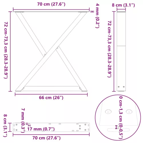  2 db fekete acél étkezőasztal láb 70 x (72-73,3) cm