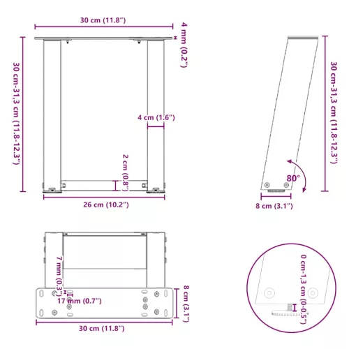  2 db U alakú fekete acél dohányzóasztal láb 30x(30-31) cm