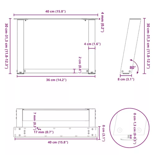  2 db U alakú dohányzóasztal láb fekete 40 x (30-31) cm acél dohányzóasztal láb