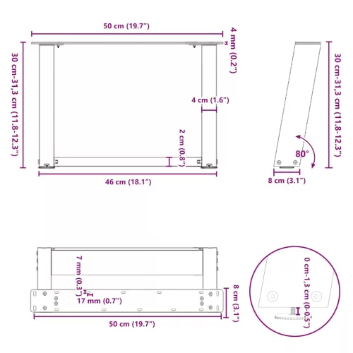  2 db U alakú fehér dohányzóasztal láb 50 x (30-31) cm acél