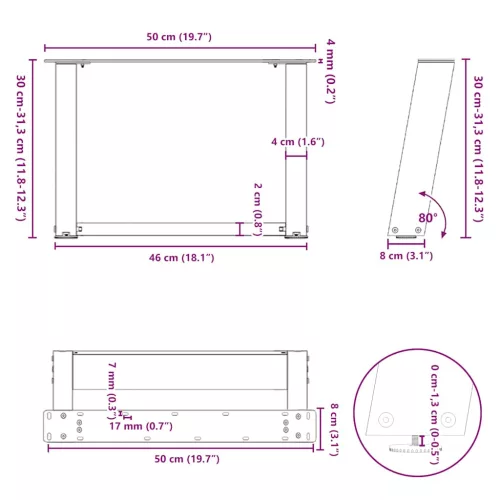  2 db antracitszürke U-alakú acél dohányzóasztal láb 50x(30-31) cm