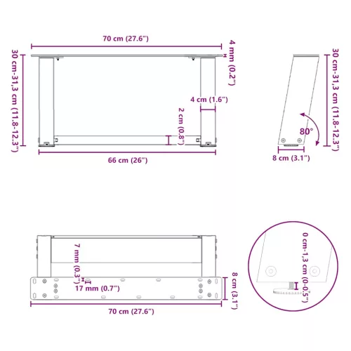  2 db U alakú dohányzóasztal láb fekete 70 x (30-31) cm acél dohányzóasztal láb