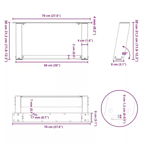  2 db antracitszürke, U alakú acél dohányzóasztal láb 70 x (30-31) cm