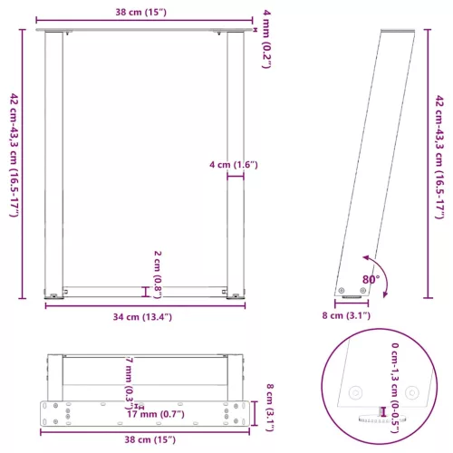  2 db fekete, U alakú acél dohányzóasztal láb 38x(42-43) cm