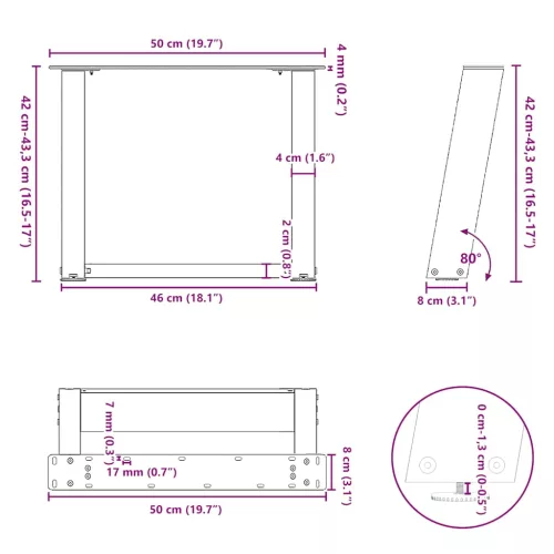  2 db antracitszürke, U alakú acél dohányzóasztal láb 50 x (42-43) cm