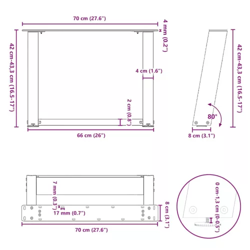  2 db U alakú dohányzóasztal láb fekete 70 x (42-43) cm acél dohányzóasztal láb