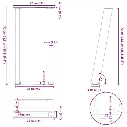  2 db fekete, U alakú acél konzolasztal láb 28 x (72-73) cm
