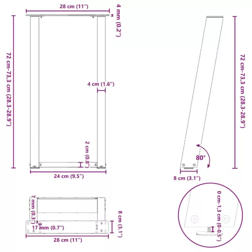  2 db fehér U alakú konzolasztal láb 28 x (72-73) cm acél