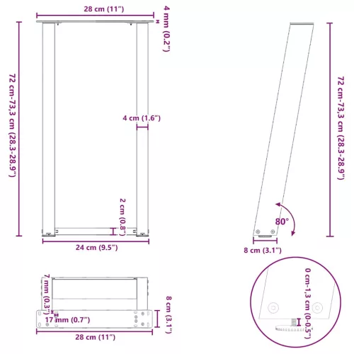  2 db antracitszürke U-alakú acél konzolasztal láb 28x(72-73) cm