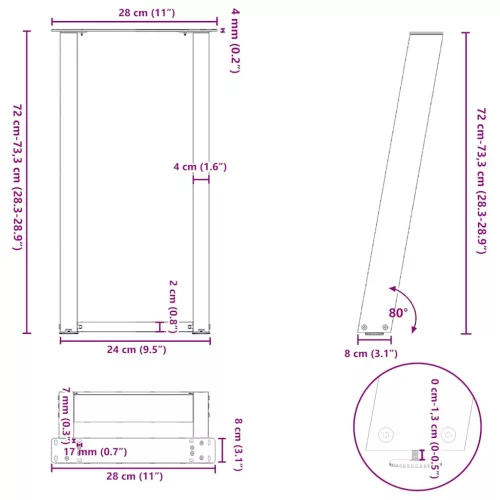  2 db U alakú natúr acél konzolasztal láb 28 x (72-73) cm