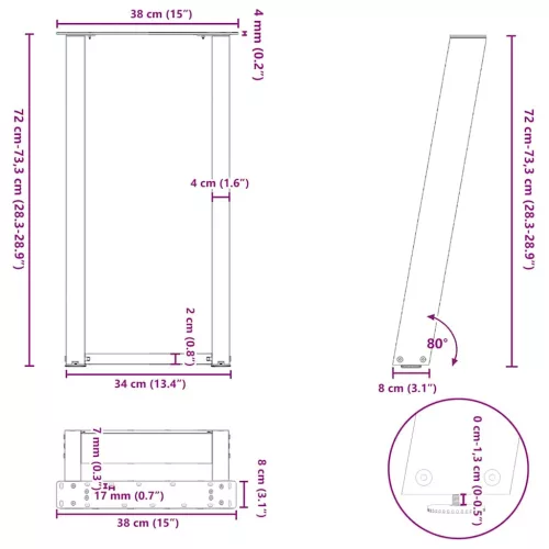  2 db fehér, U alakú acél konzolasztal láb 38x(72-73) cm