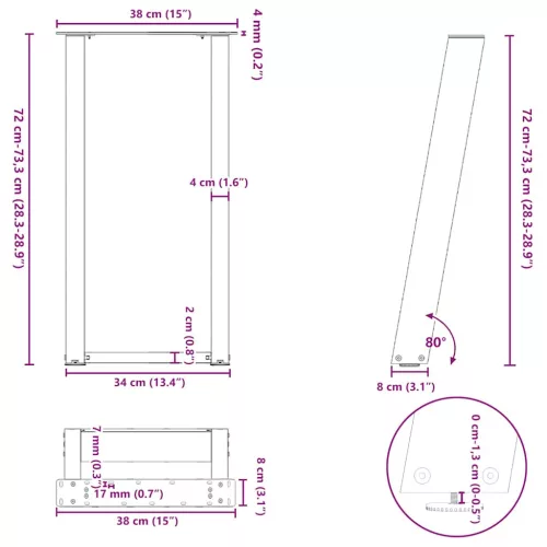 2 db U alakú natúr acél konzolasztal láb 38x(72-73) cm