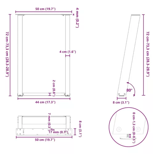  2 db antracitszürke, U alakú acél étkezőasztal láb 50 x (72-73) cm