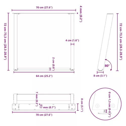  2 db U alakú étkezőasztal láb fekete, 70 x (72-73) cm acél