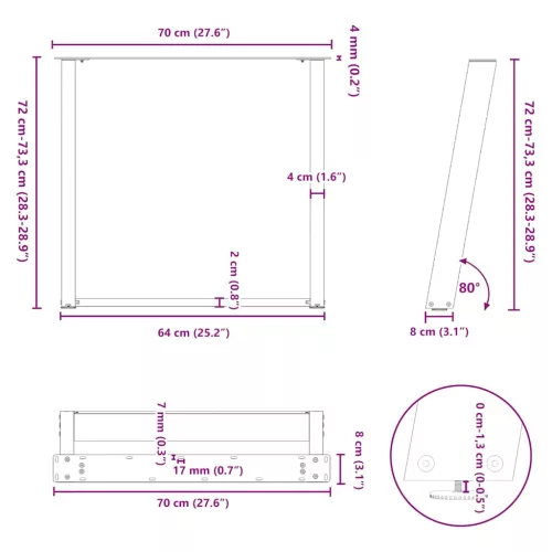  2 db U alakú étkezőasztal láb fehér 70 x (72-73) cm acél étkezőasztal láb