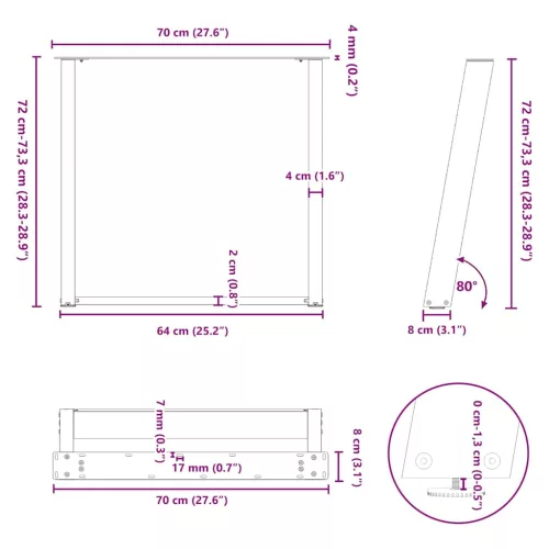  2 db U alakú étkezőasztal láb natúr acélból 70 x (72-73) cm