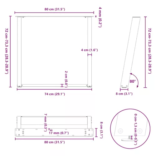  2 db U alakú étkezőasztal láb natúr acél 80x(72-73) cm
