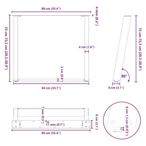  2 db U alakú étkezőasztal láb natúr acélból 90 x (72-73) cm
