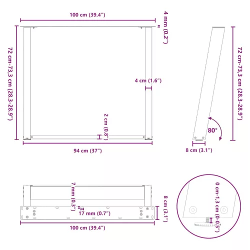  2 db U alakú étkezőasztal láb fekete 100 x (72-73) cm acél étkezőasztalhoz