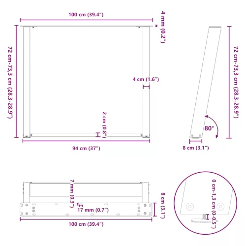  2 db U alakú étkezőasztal láb natúr acélból 100 x (72-73) cm acél