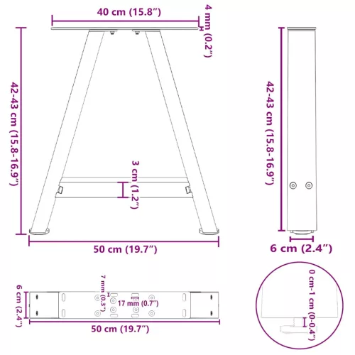  2 db A-alakú dohányzóasztal láb 50x(42-43) cm acél dohányzóasztal láb