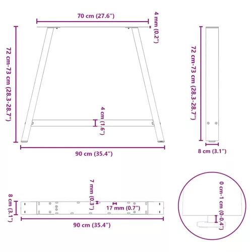  2 db A-alakú étkezőasztal láb 90 x (72-73) cm acél