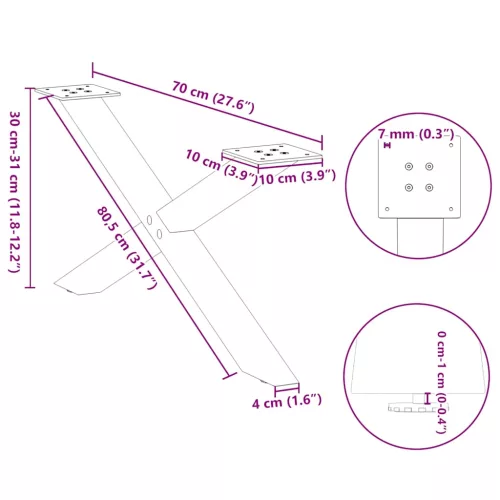  2 db fehér, X alakú dohányzóasztal láb 70 x (30-31) cm acél