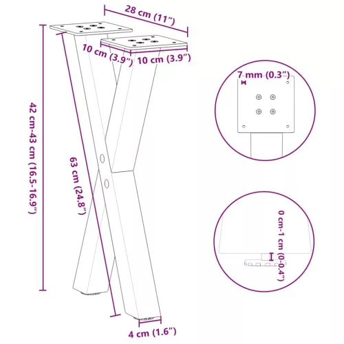  2 db fehér, X alakú acél dohányzóasztal láb 28 x (42-43) cm