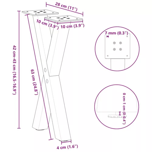  2 db antracitszürke X-alakú acél dohányzóasztal láb 28 x (42-43) cm