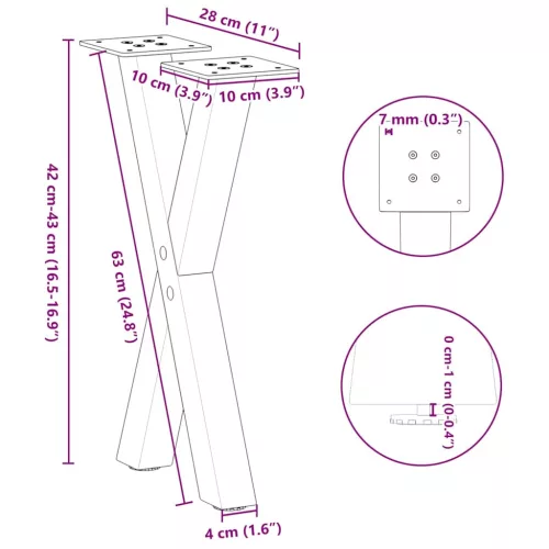  2 db X alakú natúr acél dohányzóasztal láb 28 x (42-43) cm