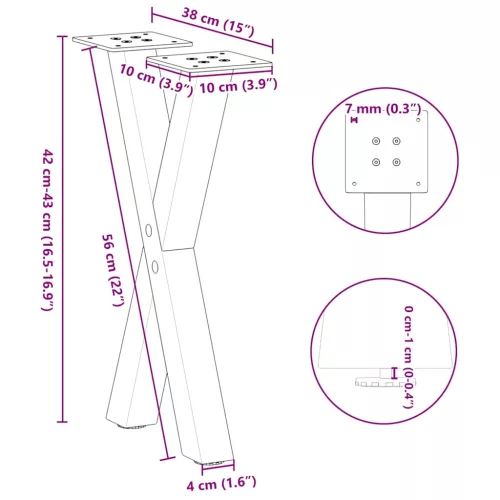 2 db fekete, X alakú acél dohányzóasztal láb 38 x (42-43) cm