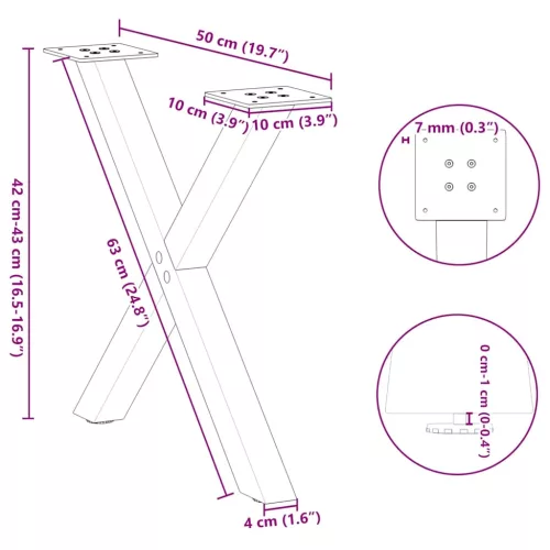  2 db fekete, X alakú acél dohányzóasztal láb 50 x (42-43) cm