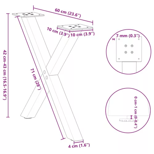  2 db antracitszürke X-alakú acél dohányzóasztal láb 60 x (42-43) cm