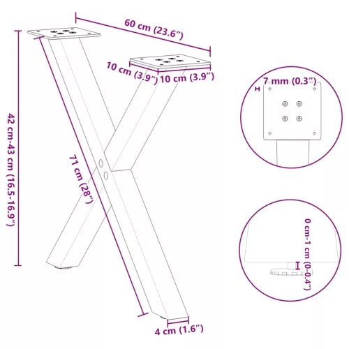  2 db X alakú natúr acél dohányzóasztal láb 60 x (42-43) cm