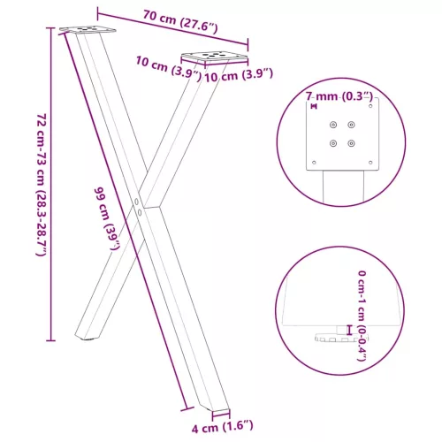  2 db X alakú étkezőasztal láb fekete, 70 x (72-73) cm acél
