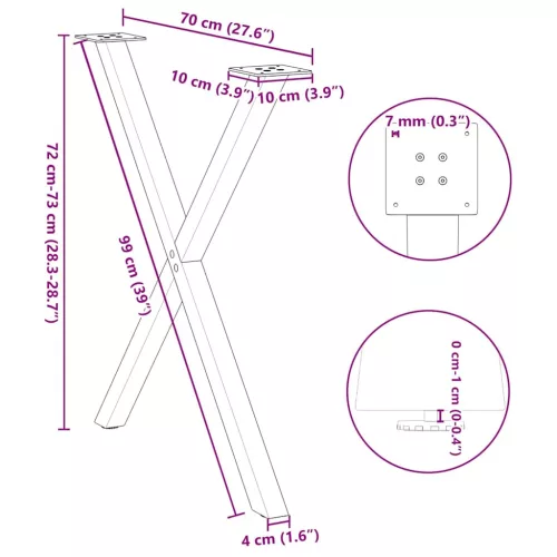  2 db X alakú étkezőasztal láb natúr acélból 70 x (72-73) cm
