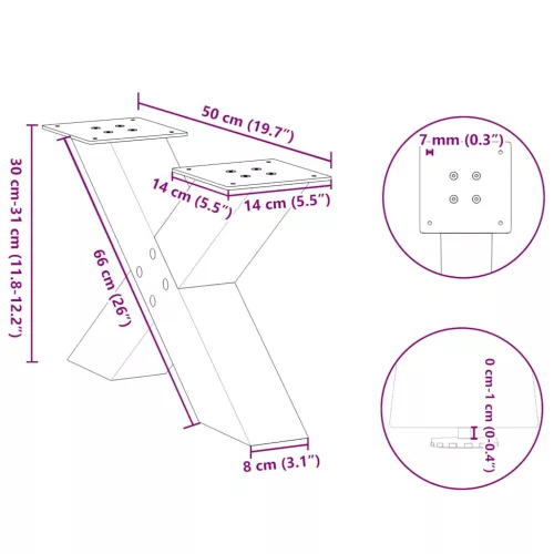 2 db fehér, X alakú acél dohányzóasztal láb 50 x (30-31) cm