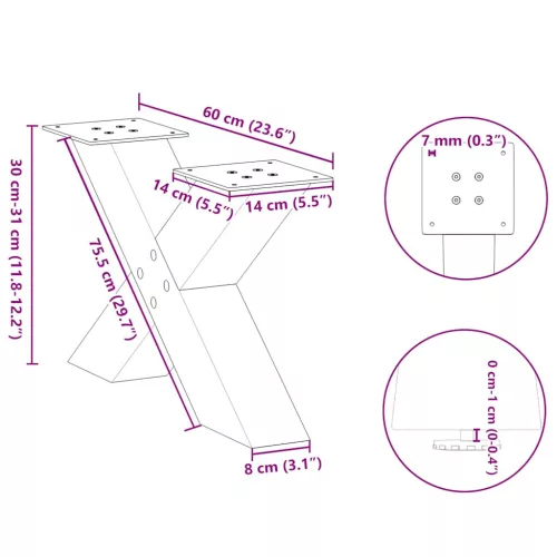  2 db X alakú natúr acél dohányzóasztal láb 60 x (30-31) cm