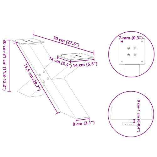  2 db fekete, X alakú acél dohányzóasztal láb 70 x (30-31) cm